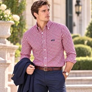 Façonnable Classique Cotton Shirt Men's L Burgundy Gingham Old Money Preppy EUC